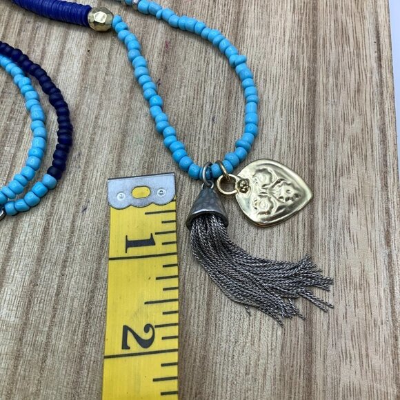 Chico's Blue Beaded Gold Heart Pendant Silver Tone Tassel Necklace - Picture 4 of 5
